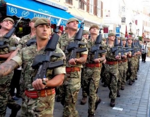 Troops in full uniform and weapons exercise